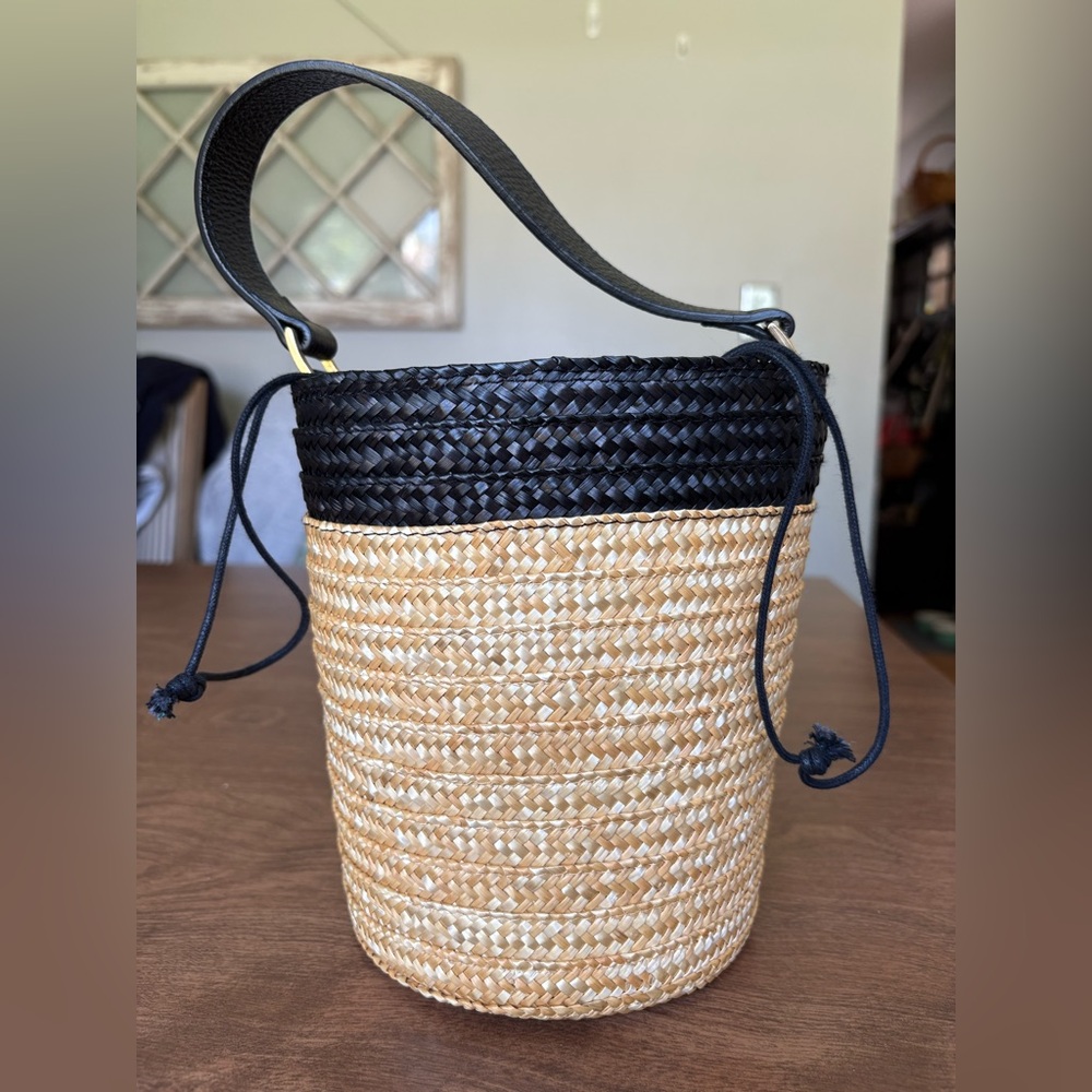 Black & Natural Straw Mini Bucket Bag with Top Handle